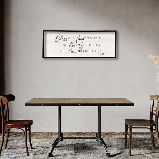 Bless the Food Before Us Wall Decor Sign 40" X 15" Dining Room Wall Decor Framed Wood for Large Farmhouse Vintage Prayer Catholic Kitchen Wall Hanging Scripture Bible Verse Art (Black)