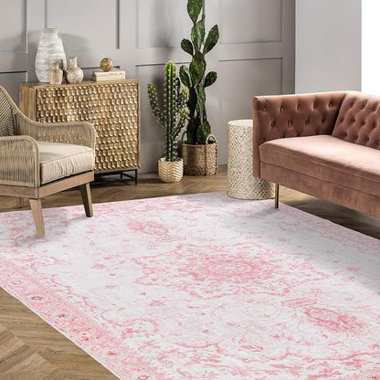 Sofrug 9x12 Area Rug - Vintage Honeycomb Non Slip Backing Area Rugs Pink Soft Faux Wool Carpet Foldable & Machine Washable Rugs for Living Room Bedroom Dining Room Home Office