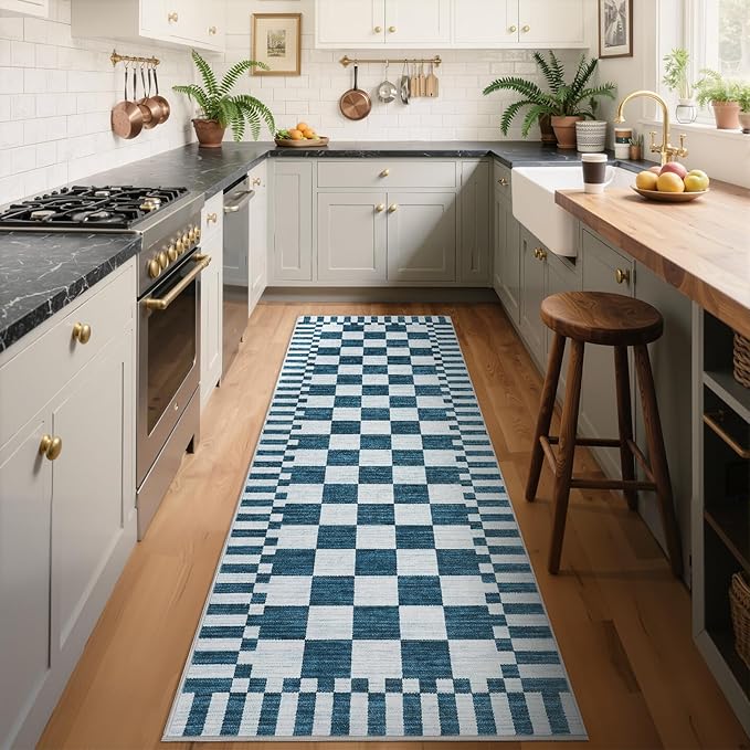 GarveeHome 2×6 Kitchen Runner Rug Non Slip,Blue and White Checkered Rug, Washable Runner Rug for Hallway Soft Low-Pile Geometric Modern Rugs for Entryway