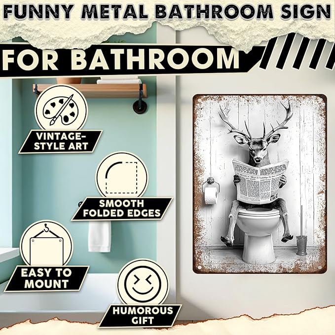 Funny Metal Bathroom Signs Deer Vintage Tin Sign for Bathroom & Restroom Black and White Decor 12x16 Inch
