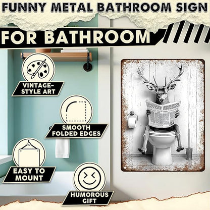 Funny Metal Bathroom Signs Deer Vintage Tin Sign for Bathroom & Restroom Black and White Decor 12x16 Inch