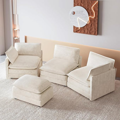 ROWHY 112'' Oversized Modular Sectional Cloud Couch with Movable Ottoman, 4 Seat Modern Corduroy Sofa, Deep Seat L Shaped Couch for Living Room Bedroom Apartment, Cream