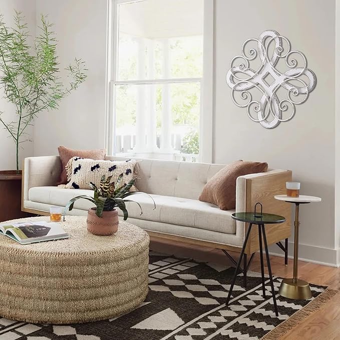 Sintosin Vintage Wrought Iron Wall Decor 22 Inch, Hanging Distressed White Farmhouse Wood and Metal Wall Art Decor, Rustic Medallion Home Wall Decor for Living Room Bedroom Entryway Hallway