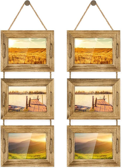 DLQuarts 5x7 Hanging Picture Frames Collage Wall Decor, 3-Frame Set, 3.5x5 with Mat or 5x7 Without Mat, Rustic Solid Wood Photo Frame Pack of 2 Carbonized Black