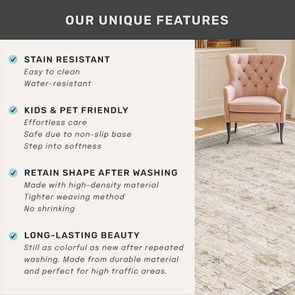 Washable 2x4 Beige Bathroom Rugs, Farmhouse Small Rugs for Entryway, Geometric Floral Design Non Slip Kitchen Floor Mats, Modern Home Décor, Low Pile & Soft Stain Resistant Carpet