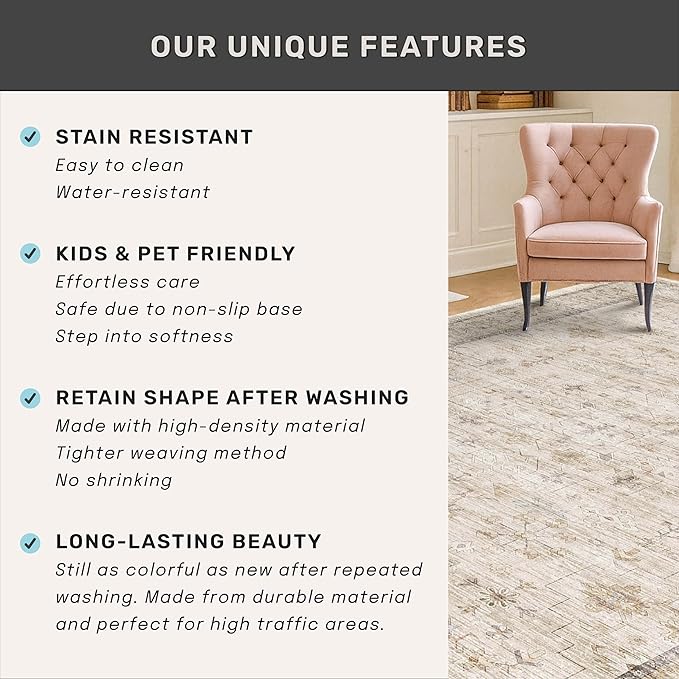 Light Beige 3x16 Long Hallway Runner Rug, Non Slip Farmhouse Kitchen Rugs, Geometric Floral Modern Entryway Floor Mats, Washable Non-Slip Stain Resistant Low Pile Throw Rug Indoor Door Mat