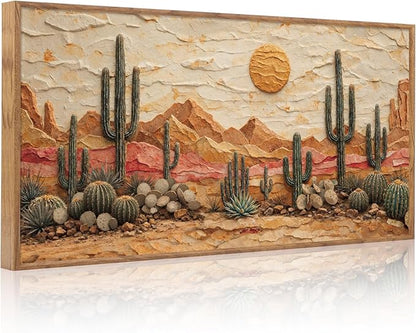Aurlan Boho Cactus Arizona Desert Landscape Framed Wall Art(40"x20"), 3D Textured Orange Green Sunset Nature Canvas Artwork, Large Abstract Vintage Southwestern Aztec Mexican Succulent Painting Decor for Home Office Living Room Bedroom