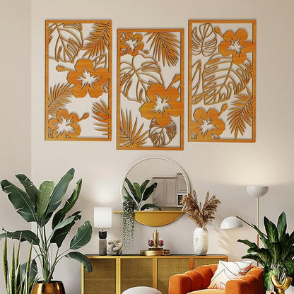 KOYILTD 3 Pieces Wooden Palm Leaf Wall Decor Tropical Wall Decoration Wood 3D Wall Art Set Tropical Palm Leaf Wall Sculptures Minimalist Plant Wall Art for Home Living Room Bedroom (Floral)