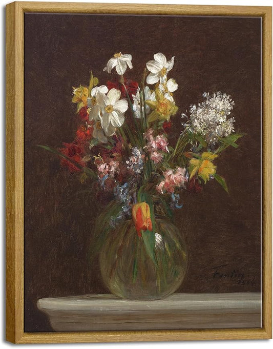 Pyradecor Framed Canvas Wall Art Vintage Decor Flowers in Vase Canvas Prints Classical Floral Painting Artwork Farmhouse Wall Decor for Living Room Decorations