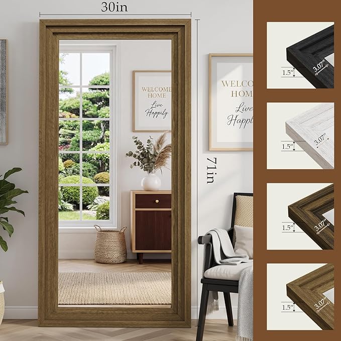 Full Length Mirror 71"x30", Large Solid Wood Frame Floor Mirror, Leaning Floor Mirror, Stable Frame, Shatterproof Glass, Modern Classic Style for Bedroom, Living Room, Entryway