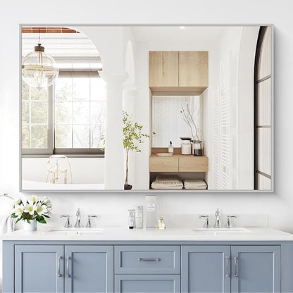 COFENY 40x60inch Silver Bathroom Mirror, Silver Rectangle Mirror with Frame, Large Rectangular Wall Mirrors for Bathroom, Living Room, Hair Salon, Big Farmhouse Mirror Hang Horizontal/Vertical