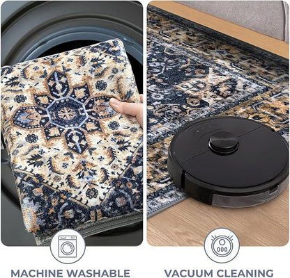 KOZYFLY Boho Area Rug 3x5 Ft Rugs for Entryway Washable Entry Rug Non Slip Door Mat Indoor Entrance Gold/Orange/Navy Printed Faux Wool Vintage Kitchen Rug Throw Rugs for Entrance