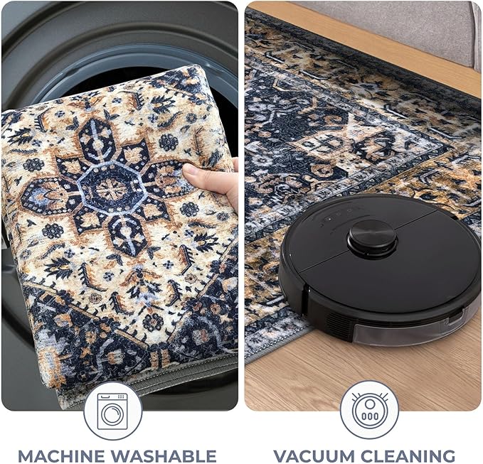 KOZYFLY Boho Area Rug 6x9 Ft Thin Rugs for Living Room Washable Bedroom Rug Non Slip Rugs for Living Room Gold/Orange/Navy Printed Faux Wool Vintage Bedroom Rug Floor Carpet