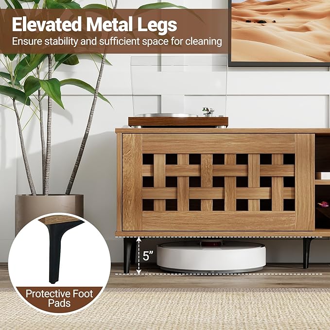 Giantex Mid Century Modern TV Stand for 60-80 Inch TV, Large Entertainment Center w/Storage Cabinet, Basket Weave Wooden Door & Open Compartment, Wood Media Console Table for Living Room Bedroom