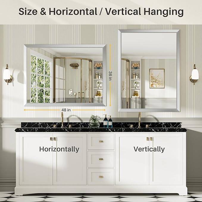 48x36 Inch Brushed Silver Bathroom Mirror for Wall, Thick Metal Framed Rectangle Mirrors for Over Sink, Bedroom, Living Room, Entryway, Anti-Rust, HD Tempered Glass