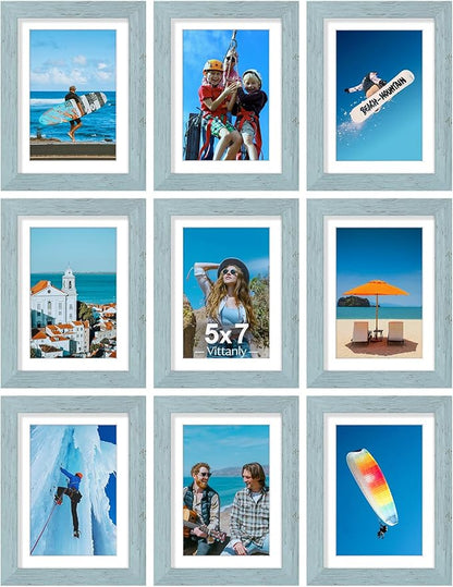 Vittanly 5x7 Picture Frames Set of 9, Display 4x6 Pictures with Mat or 5x7 without Mat, Photo Frames for Wall or Tabletop with Plexiglass, Engineered Wood, Rustic Blue