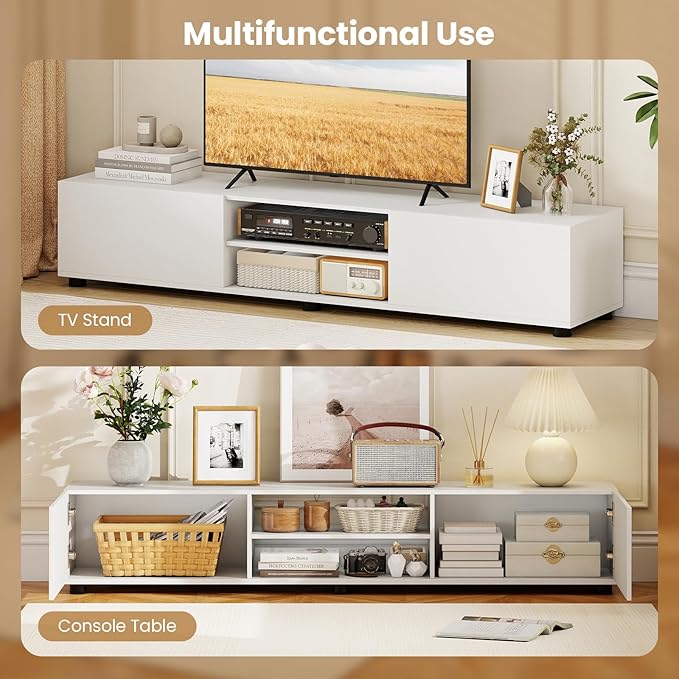Tangkula Modern TV Stand for up to 70” TVs, 63”L Minimalist Entertainment Center w/ 2 Doors & Open Shelves, Media Console Table Storage Cabinet with 6 Support Feet for Living Room (White, 63”L)