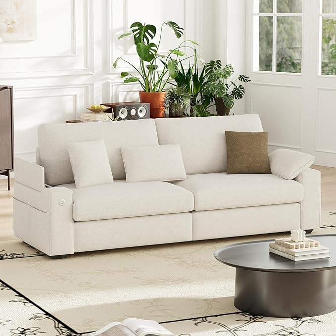 COLAMY 89" Loveseat Sofa, Modular Midcentury Modern 3-Seat Sofa, with USB Type C Ports and 4 Pillows for Home Living Room, Beige | USB Type C Ports