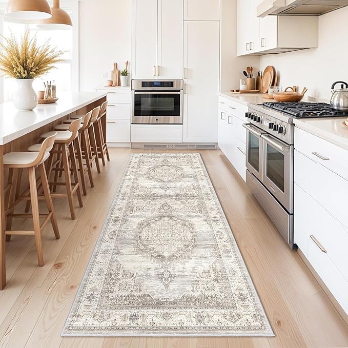Washable Hallway Runner Rugs 2x6: Soft Ultra Thin Low Pile Carpet Machine Washable Indoor Lightweight Rug Runner Anti Slip Backing Rugs for Living Room Bedroom Kitchen 2'x6' Beige