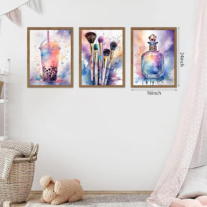 Framed Teen Girls Bedroom Wall Art Set of 3, Pink and Purple Splash Canvas Prints, Makeup Enthusiast Pictures Posters, Drinks Cosmetic Wall Decor for Teenage Girl Room Decor – 16x24 inch