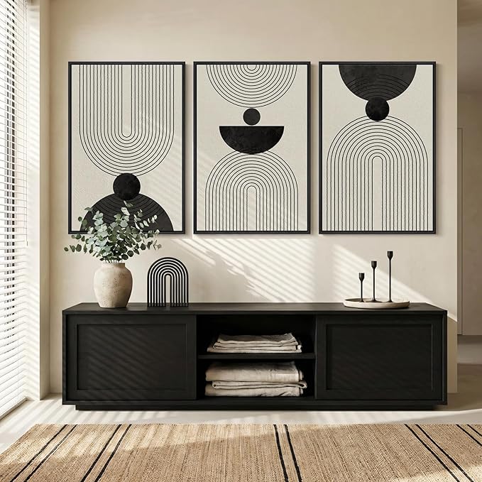 Large Framed Boho Abstract Wall Art for Living Room, 3 Piece Black and White Modern Minimalist Canvas Artwork for Walls, Bauhaus Geometric Prints Wall Decor for Bedroom Home Office Hallway, 24x36 Inch
