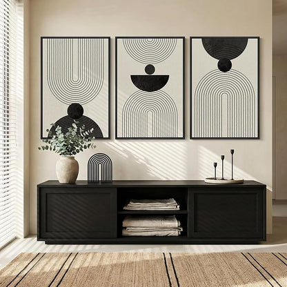 Large Framed Boho Abstract Wall Art for Living Room, 3 Piece Black and White Modern Minimalist Canvas Artwork for Walls, Bauhaus Geometric Prints Wall Decor for Bedroom Home Office Hallway, 24x36 Inch