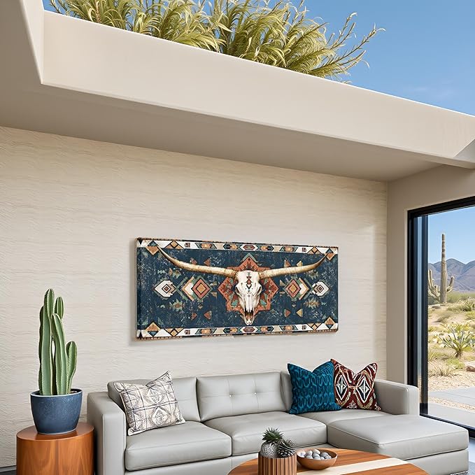 sechars Longhorn Skull Wall Art Native American Tribal Pattern Painting Picture Prints Rustic Southwestern Western Longhorn Decor 20"x48"