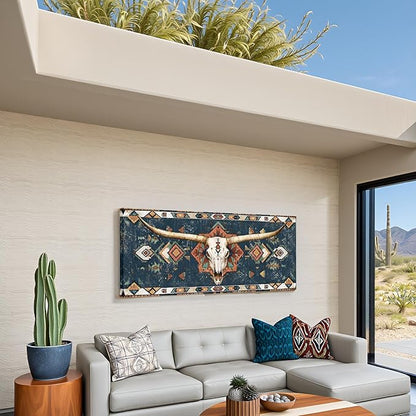 sechars Longhorn Skull Wall Art Native American Tribal Pattern Painting Picture Prints Rustic Southwestern Western Longhorn Decor 20"x48"
