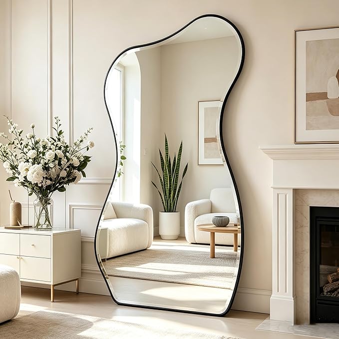 POZINO Large Irregular Beveled Mirror, 66.8"x33.5" Asymmetrical Full Length Mirror with Metal Frame, Premium Organic Aesthetic Floor Mirrors for Living Room Entryway Cloakroom, Leaning/Wall-Mount