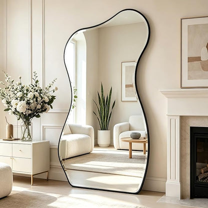 POZINO Large Irregular Beveled Mirror, 66.8"x33.5" Asymmetrical Full Length Mirror with Metal Frame, Premium Organic Aesthetic Floor Mirrors for Living Room Entryway Cloakroom, Leaning/Wall-Mount