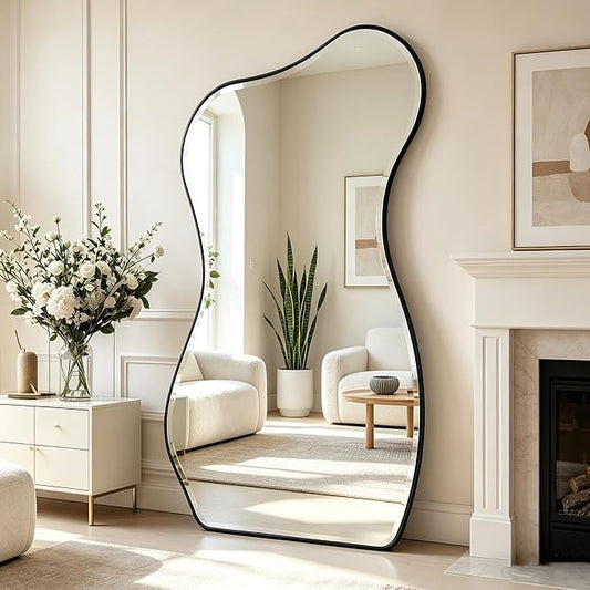 POZINO Large Irregular Beveled Mirror, 66.8"x33.5" Asymmetrical Full Length Mirror with Metal Frame, Premium Organic Aesthetic Floor Mirrors for Living Room Entryway Cloakroom, Leaning/Wall-Mount
