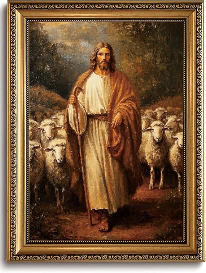 WZGZXU Vintage Gold Framed Wall Art Jesus Wall Decor Christian Canvas Art Jesus Sheep Pictures Religious Painting Print For Living Room Bedroom Church 12X16in