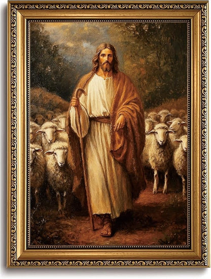WZGZXU Vintage Gold Framed Wall Art Jesus Wall Decor Christian Canvas Art Jesus Sheep Pictures Religious Painting Print For Living Room Bedroom Church 12X16in