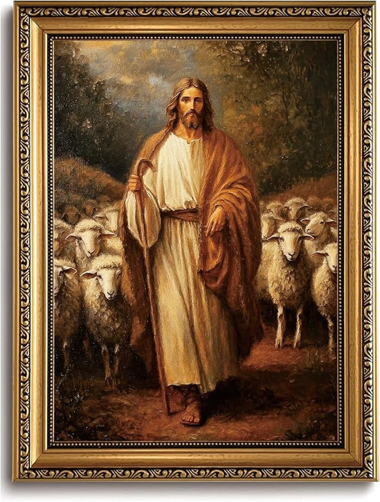 WZGZXU Vintage Gold Framed Wall Art Jesus Wall Decor Christian Canvas Art Jesus Sheep Pictures Religious Painting Print For Living Room Bedroom Church 12X16in