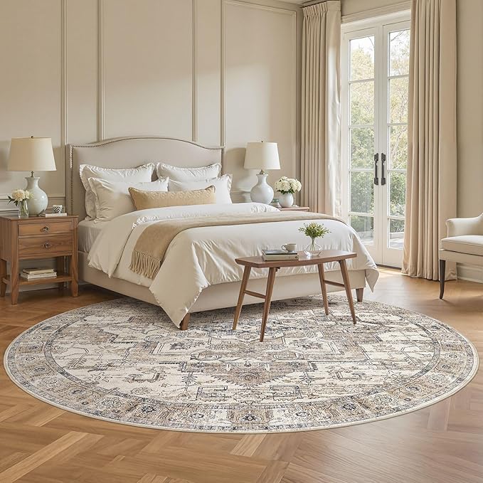 8x8 Round Area Rugs Washable Vintage - Soft Traditional Rugs for Living Room Large Non Slip Backing with Low Pile Farmhouse Oriental Retro Carpet for Bedroom Dining Room or Home Office - Tea Brown