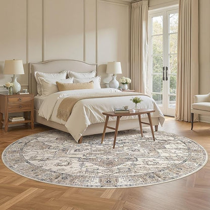 8x8 Round Area Rugs Washable Vintage - Soft Traditional Rugs for Living Room Large Non Slip Backing with Low Pile Farmhouse Oriental Retro Carpet for Bedroom Dining Room or Home Office - Tea Brown