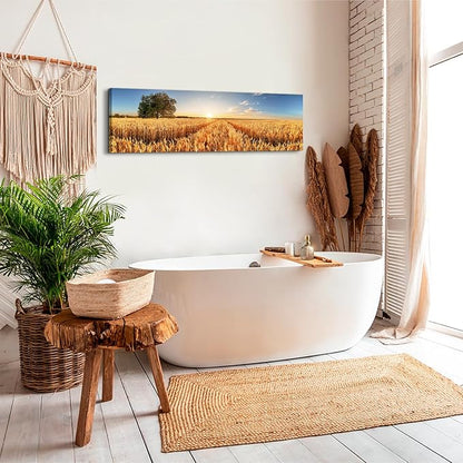 Sunset Forest Wall Art Nature Wheat Field Landscape Pictures Wall Decor for Living Room Kitchen Sunrise Country Meadow Scenic Painting Farmhouse Poster Panoramic Artwork Home Bedroom Decoration 14x48”