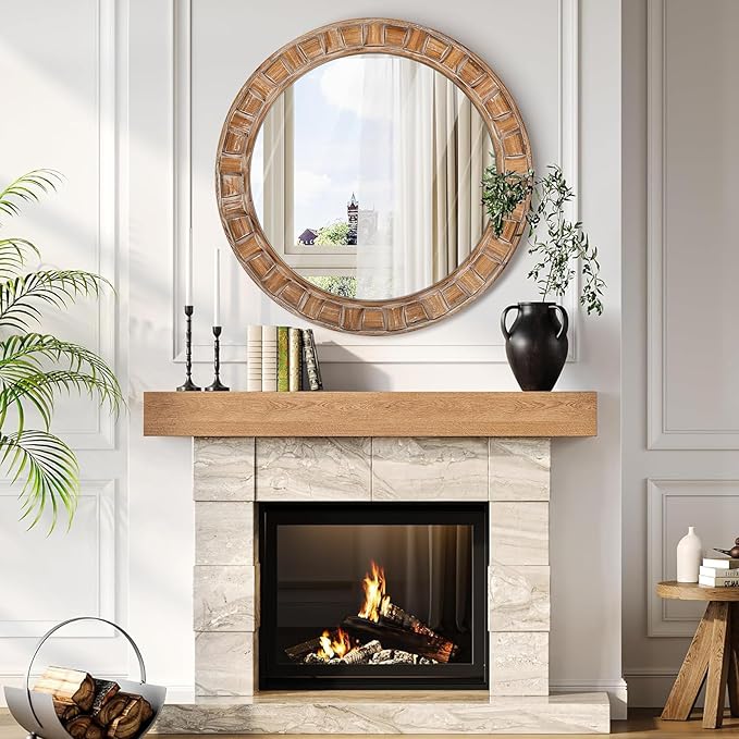 30 Inch Brown Solid Wood Round Wall Mirrors, Decorative Circle Mirror for Bathroom, Bedroom, Living Room, Hallway, Foyer, Entryway