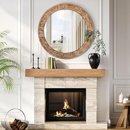 30 Inch Brown Solid Wood Round Wall Mirrors, Decorative Circle Mirror for Bathroom, Bedroom, Living Room, Hallway, Foyer, Entryway