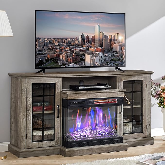 AMERLIFE 3-Sided Glass Fireplace TV Stand for TVs up to 65'' with 12 Color, Media Entertainment Center Console Table with Doors Closed Storage, Wash Gray