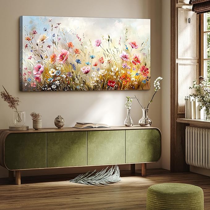 crmotu Large Wall Art for Living Room, Flower Market Botanical Prints, Floral Nature Decor Canvas Pictures, Meadow Wildflower Rustic Home Decorations, Modern Bedroom Farmhouse Wall Decor 29"X57"