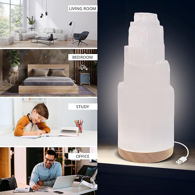 WBM Selenite Crystal Lamp 25cm, Charging Station, Crystals and Healing Stones, Hand Curved Moroccan |Witchcraft| Selenite Lamp for Smudging, Healing & Meditation