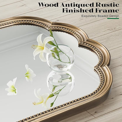 Scalloped Mirror for Bathroom, 23" x 42" Antique Wide Brass Mirror, Vintage Gold Mirrors with Beaded for Over Sink, Bedroom, Living Room, Fireplace, Entryway, Hangs Horizontally or Vertically