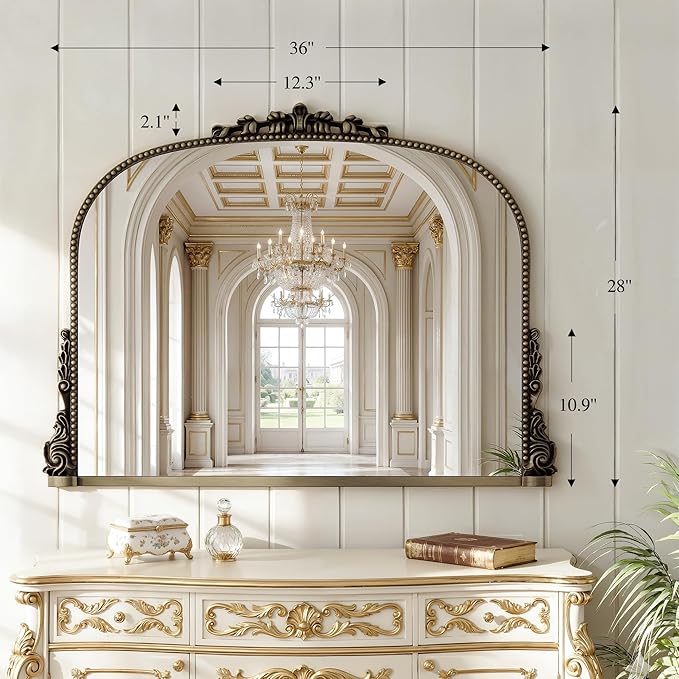 Large Bronze Vintage Mirror - 28"X36" French Baroque Antique Mirror - Traditional Ornate Decorative Wall Mounted Arched Mirrors for Bedroom Mantel Entryway Hallways - Home Decor for Living Room