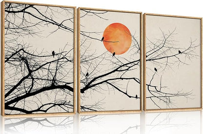 Large Vintage Tree Branch Framed Canvas Wall Art Set, Retro Tree Drawing Wall Decor, Nature Botanical Wall Painting, Neutral Landscape Art Print for Living Room, Bedroom, Office - 24"X36"X3