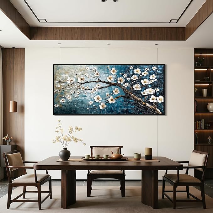 crmotu Large Plum Blossom Wall Art, Japanese Teal Tree Oil Paintings Prints Framed Artwork, Modern Blue Tree Pictures Wall Decor Living Room Bedroom Home Office, 32"x71"