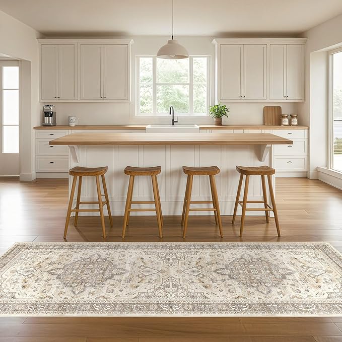 Runner Rug Kitchen Washable Rugs: 2x5 Non-Slip Boho Soft Vintage Stain Resistant Indoor Floor Neutral Farmhouse Throw Carpet for Hallway Bathroom Laundry Room Entryway Bedroom- Brown