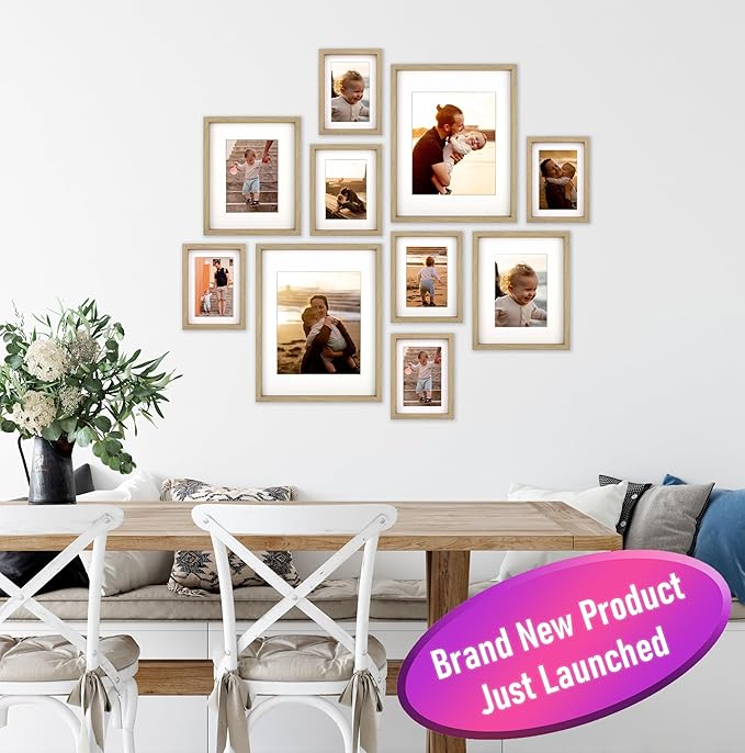 10 Piece Shadow Box Style Gallery Wall Frame Set - Rustic Photo Frame Set with Mat for 8x10, 5x7 and 4x6 - Multiple Sizes Picture Frame Set for Wall Collage–Farmhouse Assorted Deep Picture Frames(Oak)