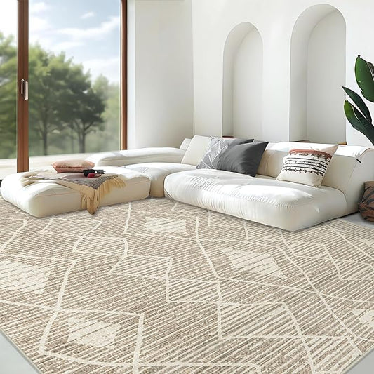 Area Rug Living Room Rugs 8x10 - Large Soft Boho Geometric Rug, Non-Slip Foldable Washable Rugs Non Shedding Morden Indoor Floor Carpet for Living Bedroom Office Dining Room(Cream Beige, 8'x10')
