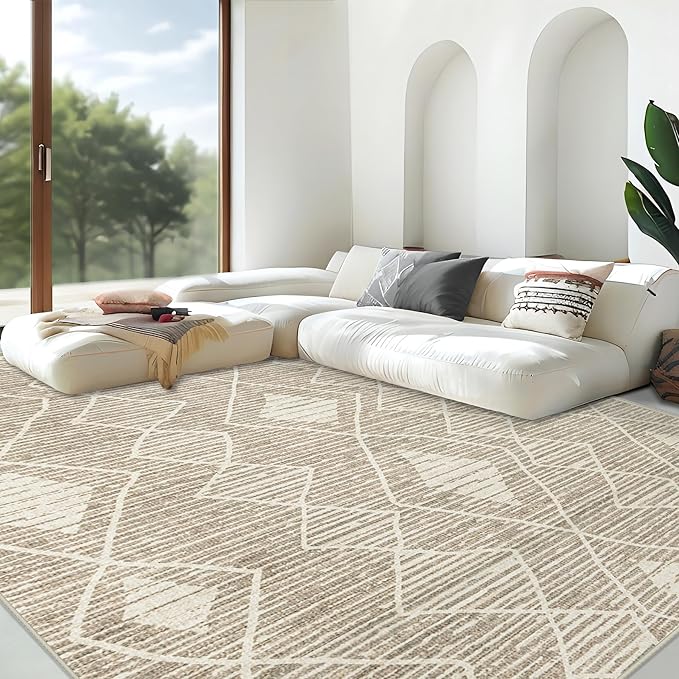 Area Rug for Living Room 9x12: Large Washable Boho Moroccan Rugs Geometric Neutral Rug, Non-Slip Foldable Morden Farmhouse Indoor Floor Carpet for Bedroom Dining Table Home(Cream Beige, 9'X12')